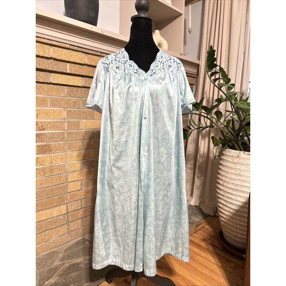 Vtg Vanity Fair Lace Silky Midi Dress Night Gown Blue Large USA Made Romantic